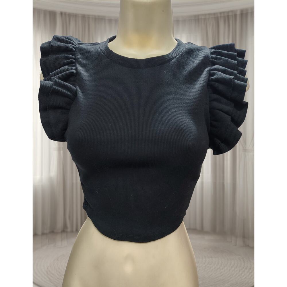 Zara Women's Crop Top Sz S / Small, black ruffle knit blouse / sweater
